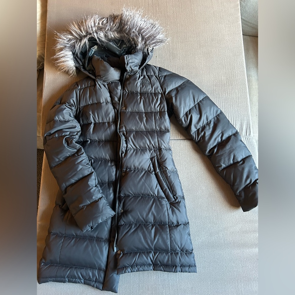 The North Face Women's Long Puffer Coat with Faux Fur Hood - Dark Gray